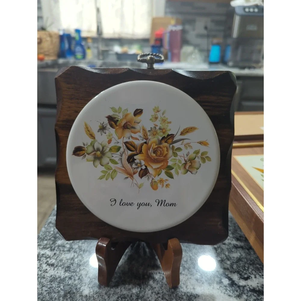 Vintage Wood Wall Plaque Rose Floral White Ceramic Tile I Love You, Mom